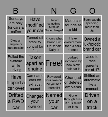 car enthusiast bingo Card