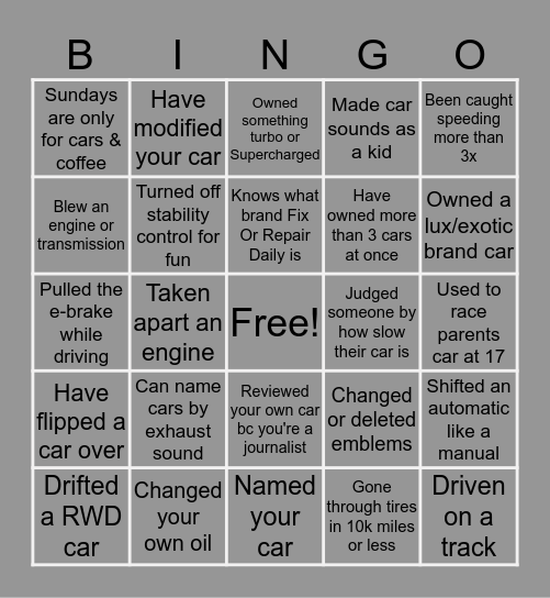 car enthusiast bingo Card