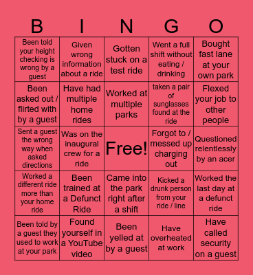 Ride Operator BINGO Card