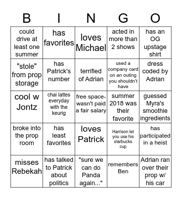 Upstage Interns Bingo Card