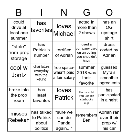 Upstage Interns Bingo Card