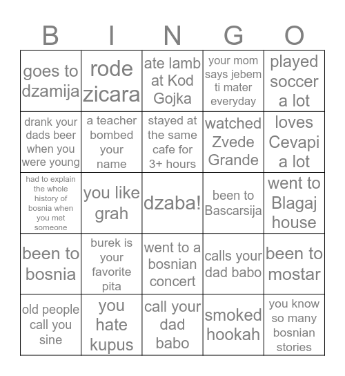 Bosnian Bingo Card