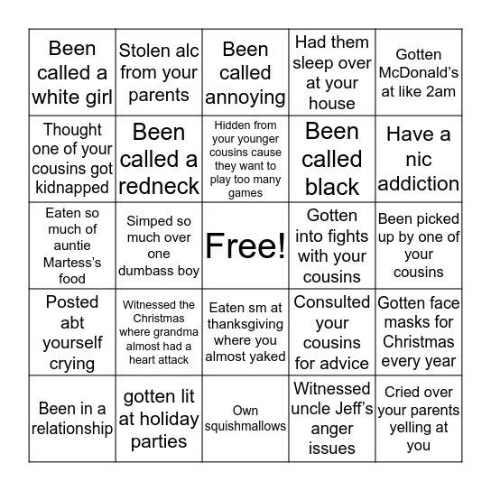 Cousin gang Bingo Card