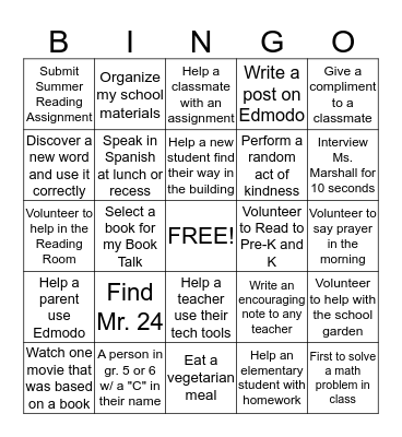 First Week of School Bingo Card