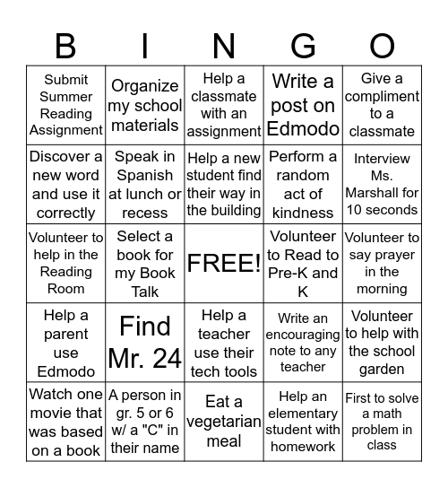 First Week of School Bingo Card