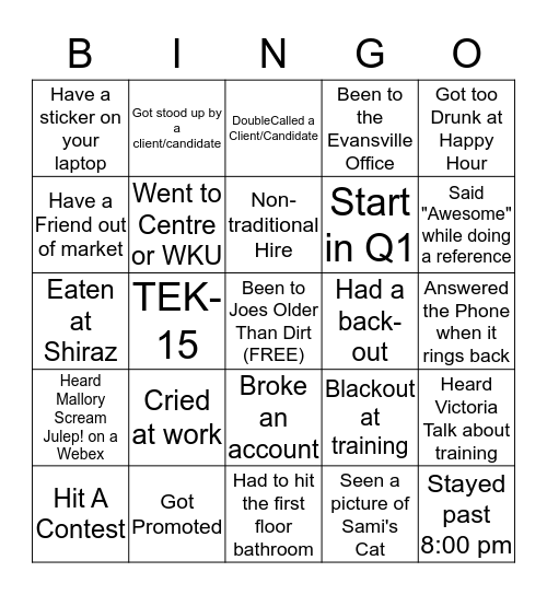 TEKsystems A-H Bingo Card