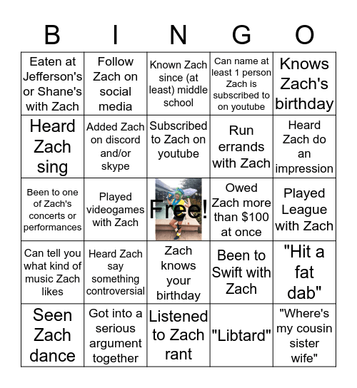 Zach's Friend Bingo Card