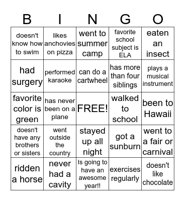 Back to School Bingo Card