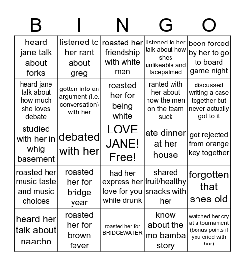 JANE Bingo Card