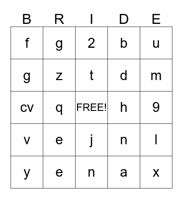 Bridal Bingo Card