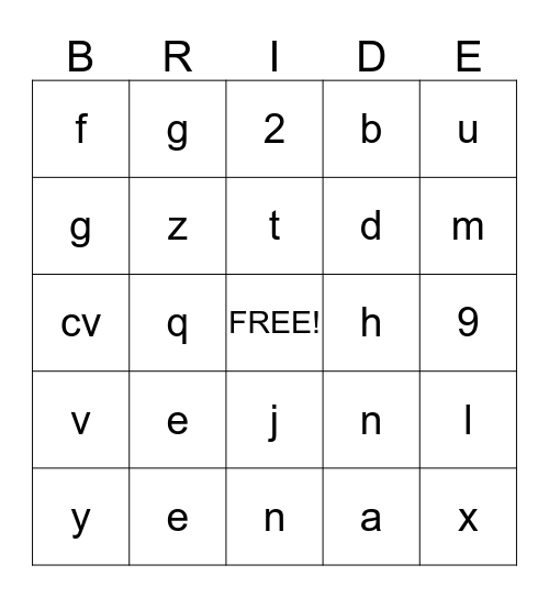 Bridal Bingo Card