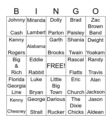 Eric & Lori's Country Music Bingo Card