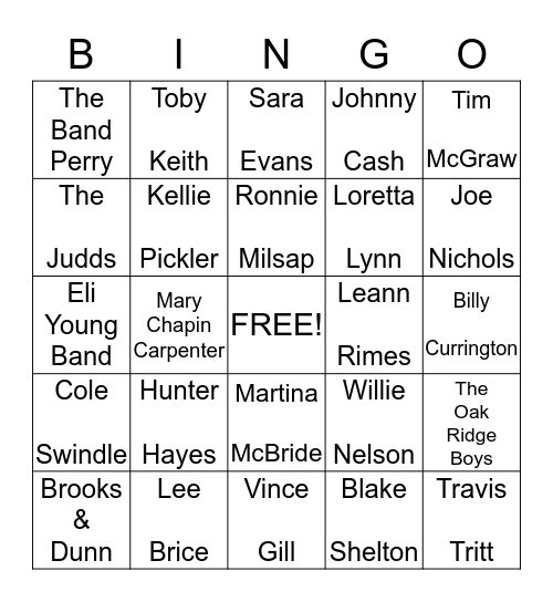 Eric & Lori's Country Music Bingo Card
