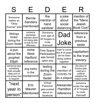 Zoom Passover 2020 Bingo Card