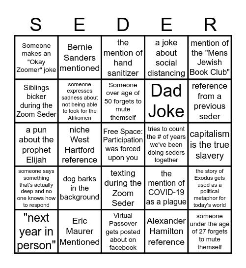 Zoom Passover 2020 Bingo Card