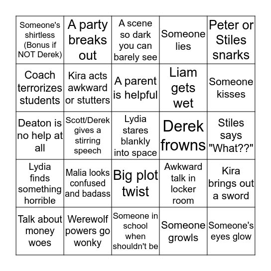 Teen Wolf Bingo Card