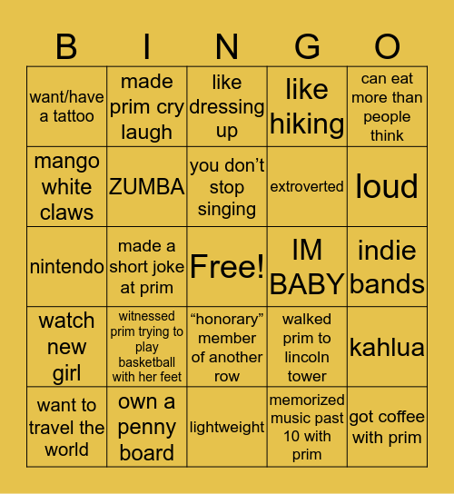 primrose Bingo Card