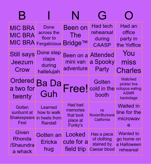 Valhalla Theatre Alumni Bingo Card