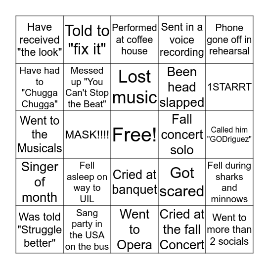 Austin Choir Bingo Card