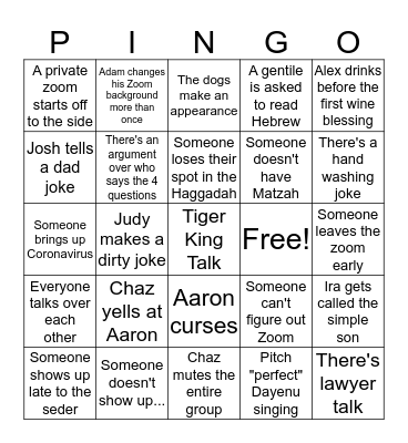 COUSINS PASSOVER 2020 Bingo Card