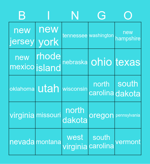 States You’ve Been To *Continued Bingo Card