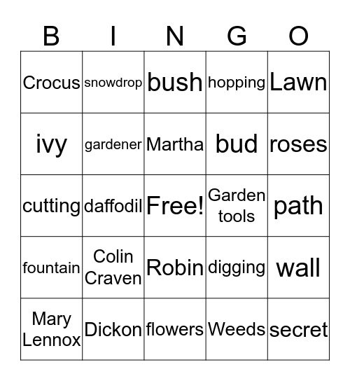 THE SECRET GARDEN Bingo Card