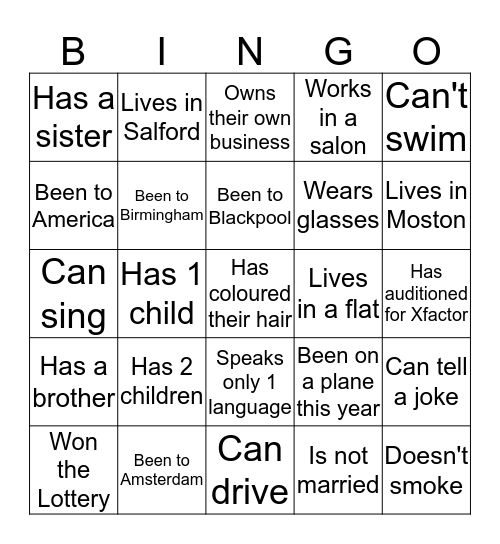 Getting to know you Bingo Card