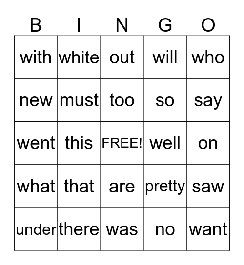 Primer Two Sight Words Bingo Card
