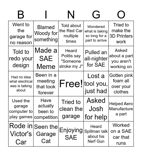 IIT Motorsports Bingo Card