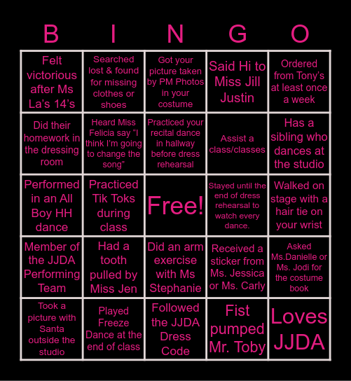 Jill Justin Dance Alliance Bingo Card