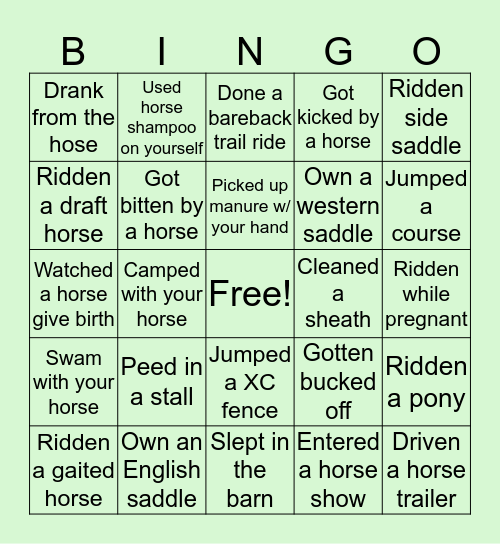 Equestrian Bingo Card