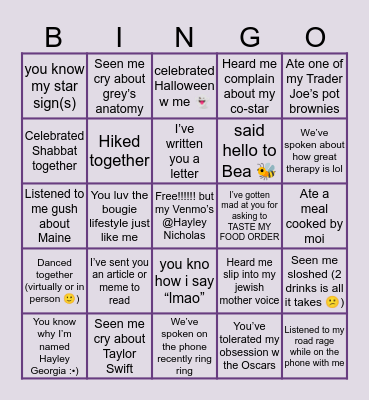 Friends w Hayley Bingooo Bingo Card