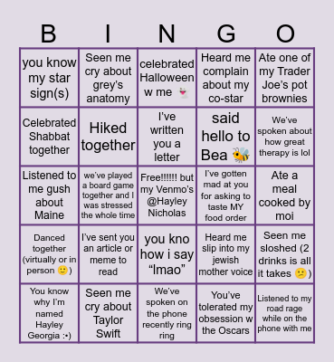 Friends w Hayley Bingooo Bingo Card