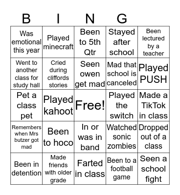 Glenvar Freshman Bingo (for this friend group only) Bingo Card