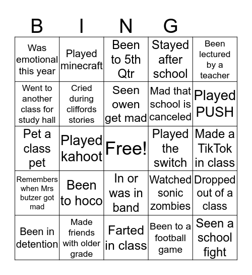 Glenvar Freshman Bingo (for this friend group only) Bingo Card