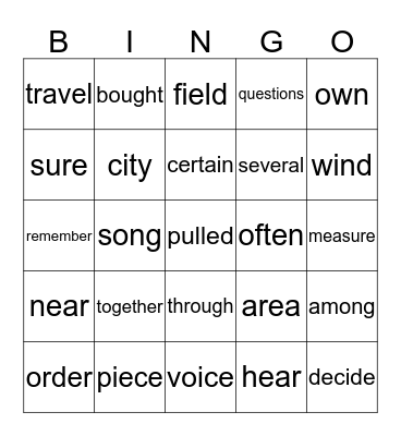 High Freq. Words Bingo Card