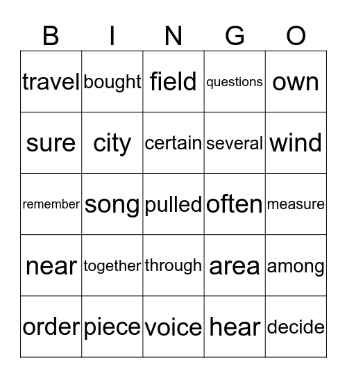 High Freq. Words Bingo Card