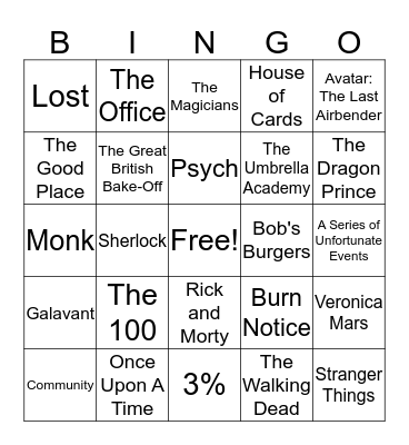 Sarah's Favorite Shows Bingo Card