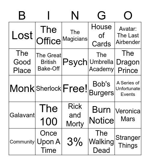 Sarah's Favorite Shows Bingo Card