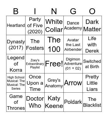 Tee's Fave Shows Bingo Card