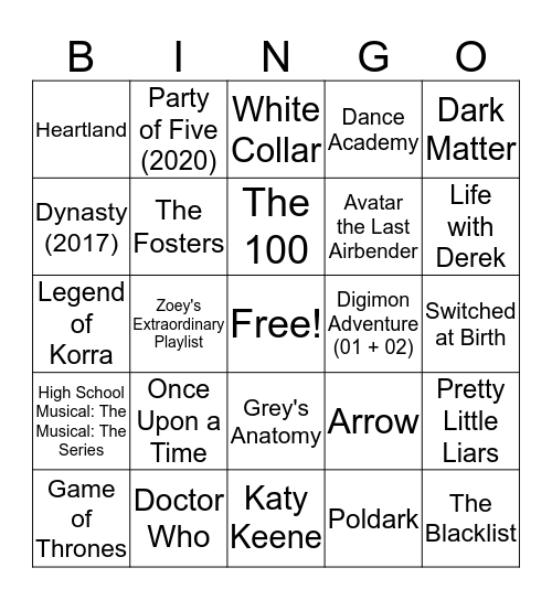 Tee's Fave Shows Bingo Card
