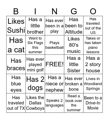 Get to know you Bingo Card