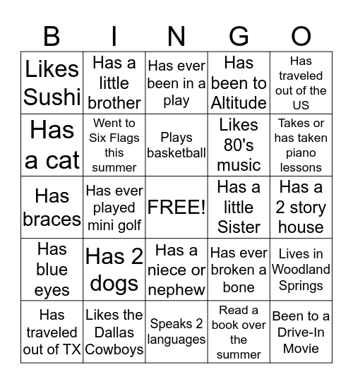 Get to know you Bingo Card
