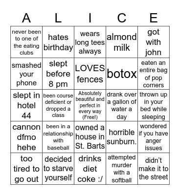 ALIssandra Bingo Card