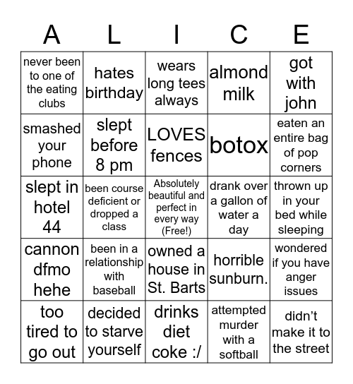ALIssandra Bingo Card