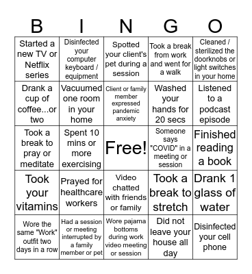 Therapist Pandemic Bingo Card