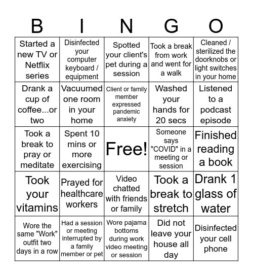 Therapist Pandemic Bingo Card