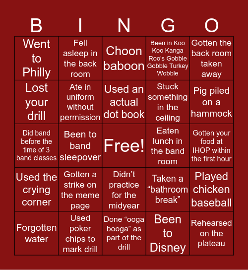 CHS BAND Bingo Card