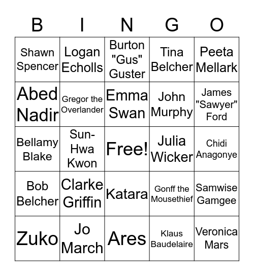 Sarah's Fave Characters Bingo Card