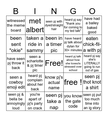 PJ Eby Experience Bingo Card